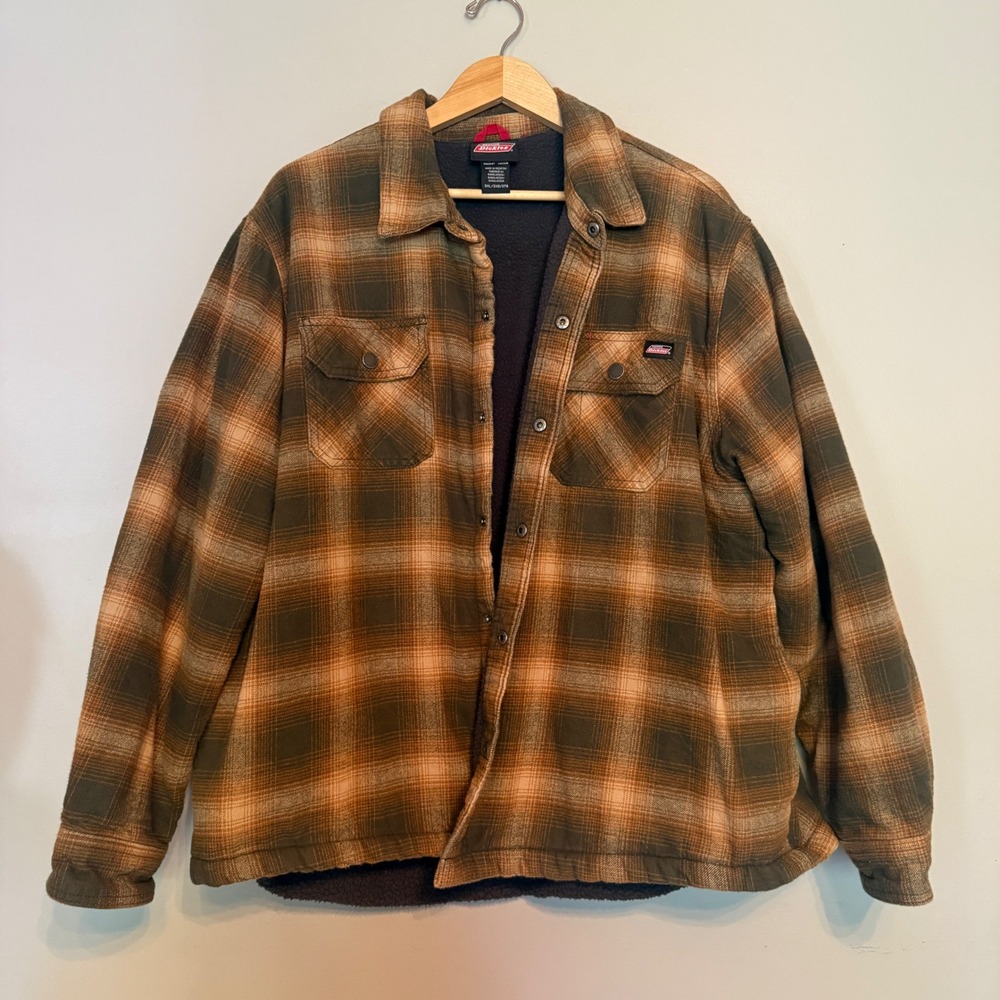 Genuine Dickies Mens 3XL Brown Plaid Sherpa Lined Flannel Shirt Jacket Shacket